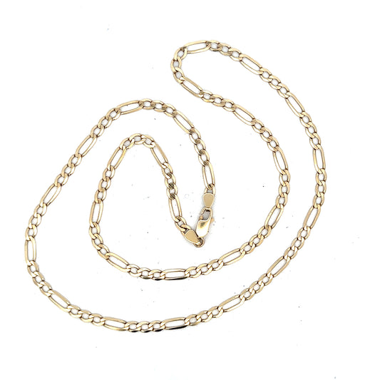 9ct yellow gold figaro chain, unbranded, 11g, with detailed links, shown on a neutral background