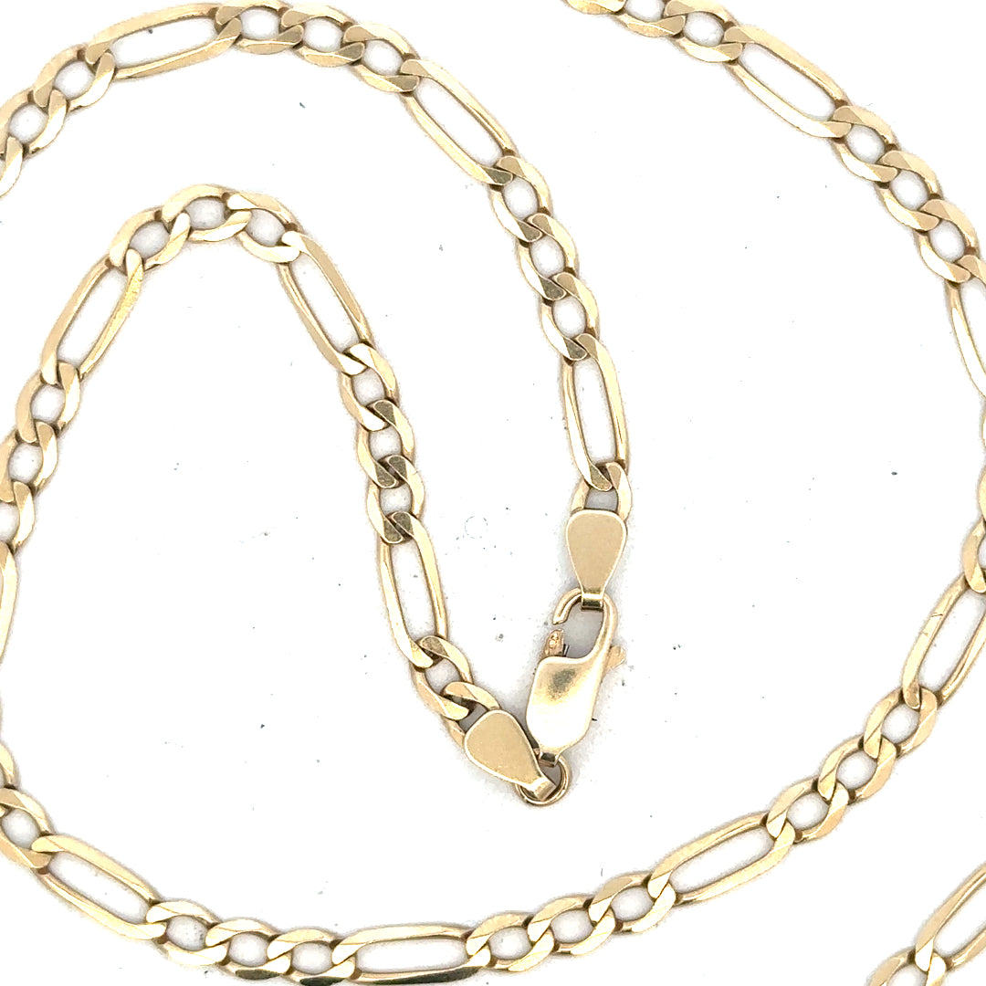 9ct yellow gold Figaro chain, unbranded, with a sleek design and 11g weight, displayed on a plain background.