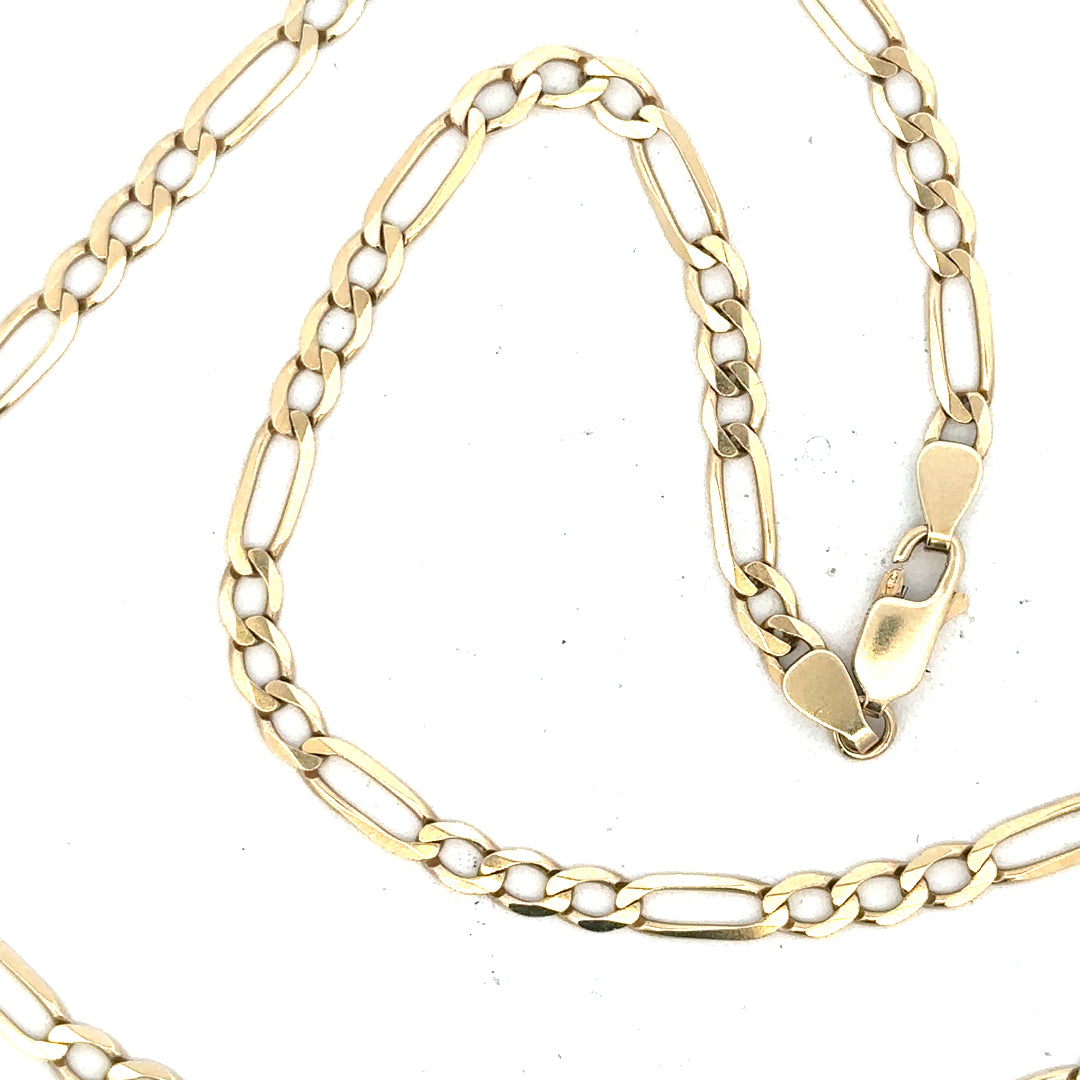 9ct yellow gold figaro chain, unbranded, weight 11g, showcasing the intricate linked design and shiny finish.