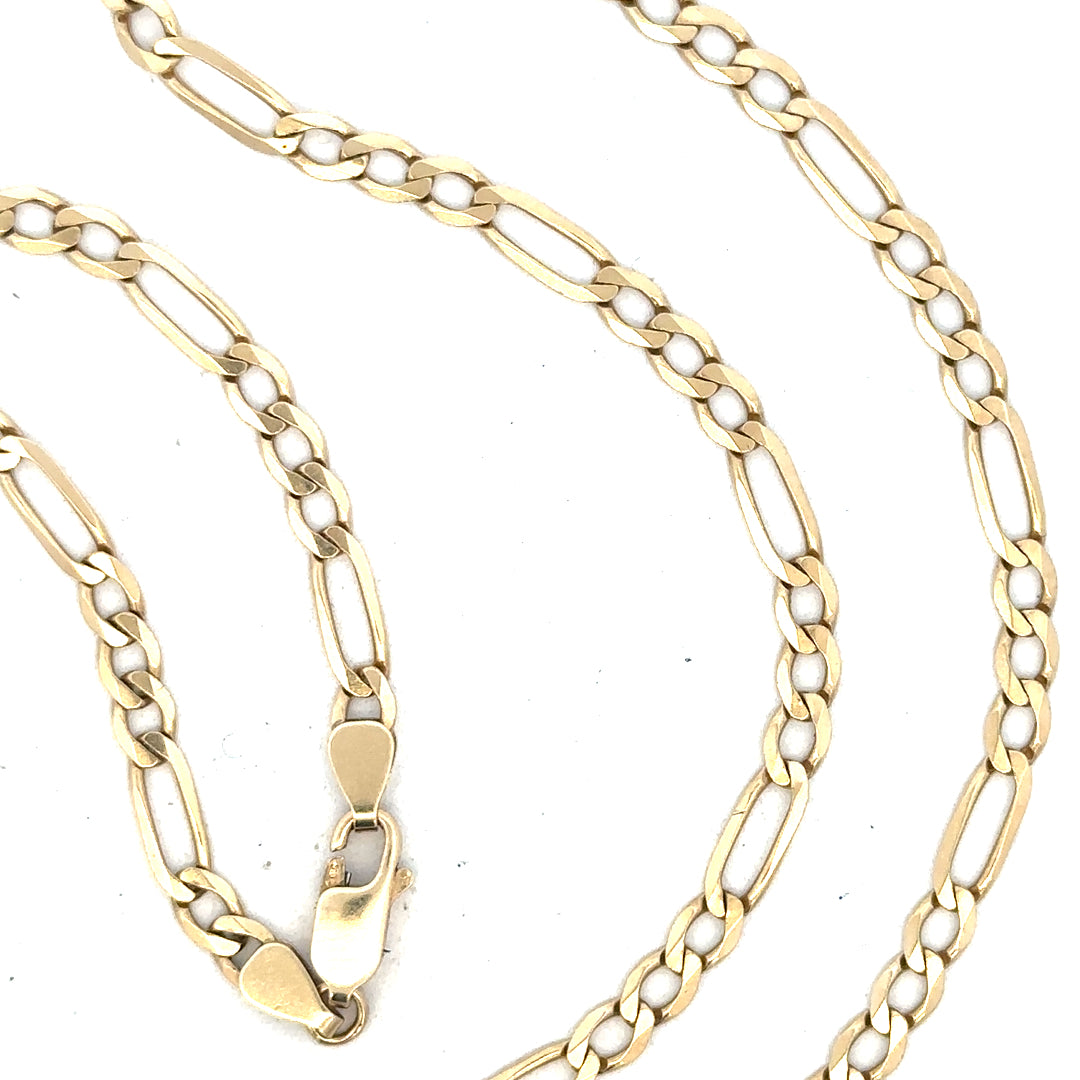 9ct yellow gold Figaro chain, unbranded, 11g, showcasing the intricate linked design on a plain background.