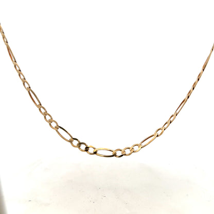 9ct yellow gold figaro chain showing intricate links and polished finish, weighs 12.7 grams, unbranded jewelry accessory.