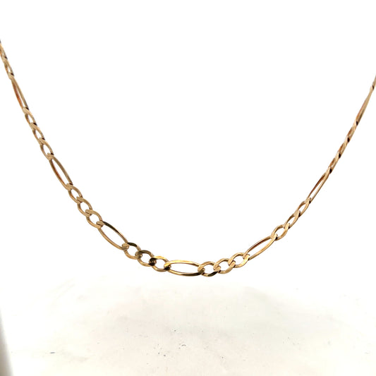 9ct yellow gold figaro chain showing intricate links and polished finish, weighs 12.7 grams, unbranded jewelry accessory.