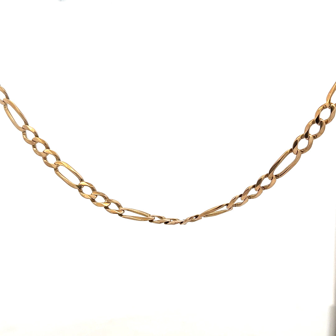 9ct yellow gold figaro chain with a polished finish, weighing 25.9 grams, showcasing its intricate linked design.