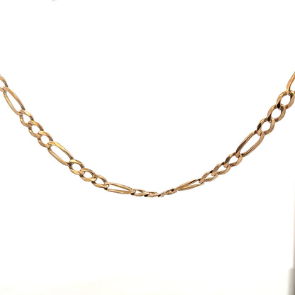 9ct yellow gold figaro chain with a polished finish, weighing 25.9 grams, showcasing its intricate linked design.