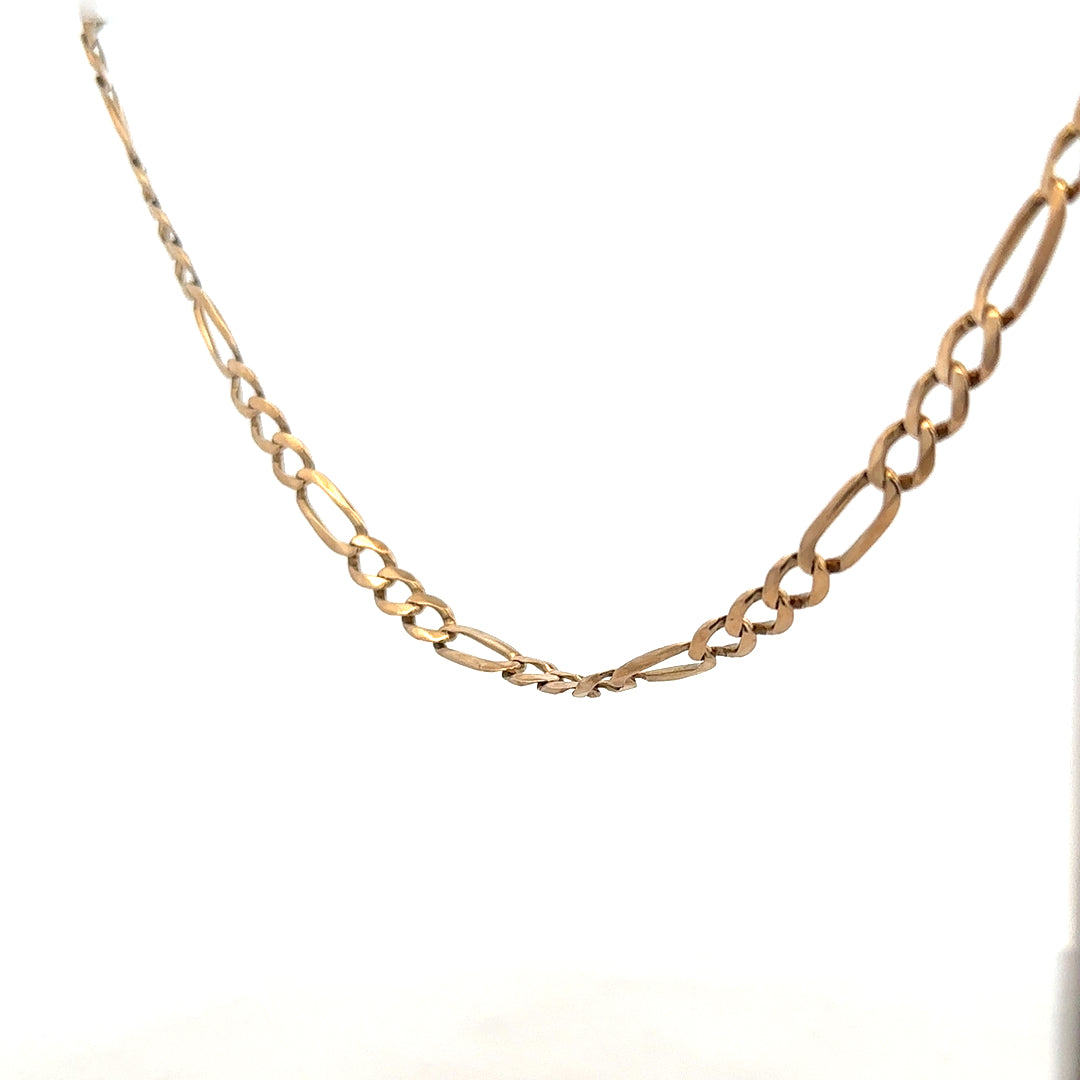 9ct yellow gold figaro chain with a polished finish, weighing 25.9 grams, showcasing its intricate linked design.