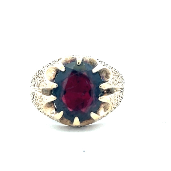 9ct yellow gold garnet ring size N1/2 with a polished gold band and a vibrant garnet gemstone, unbranded jewelry.