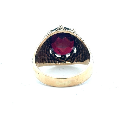 9ct yellow gold garnet ring size N1/2 with a vibrant red garnet gemstone, featuring a classic gold band design.
