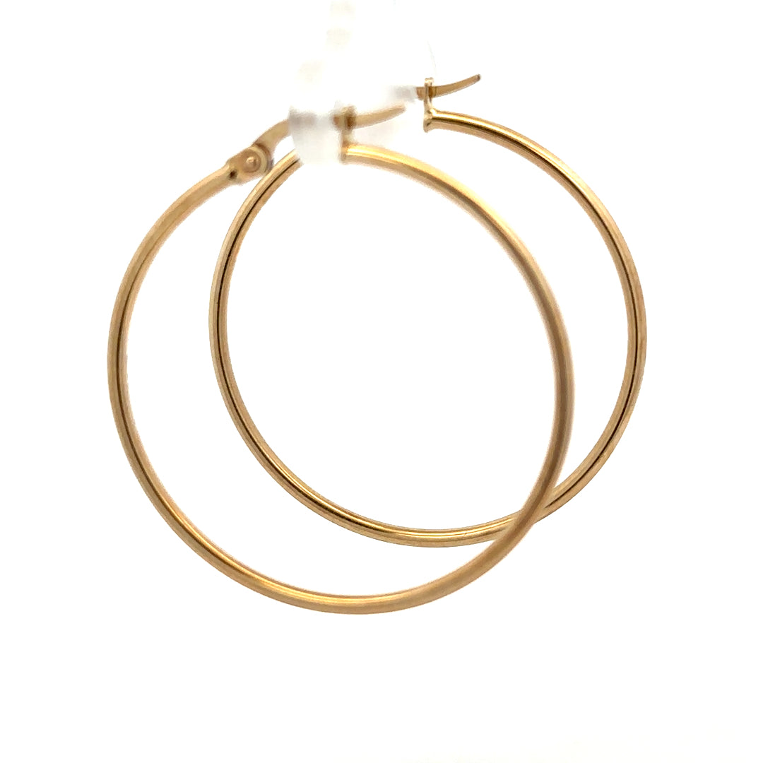 9ct yellow gold hoop earrings, unbranded, lightweight 1.1g, classic round design, shown in close-up view.