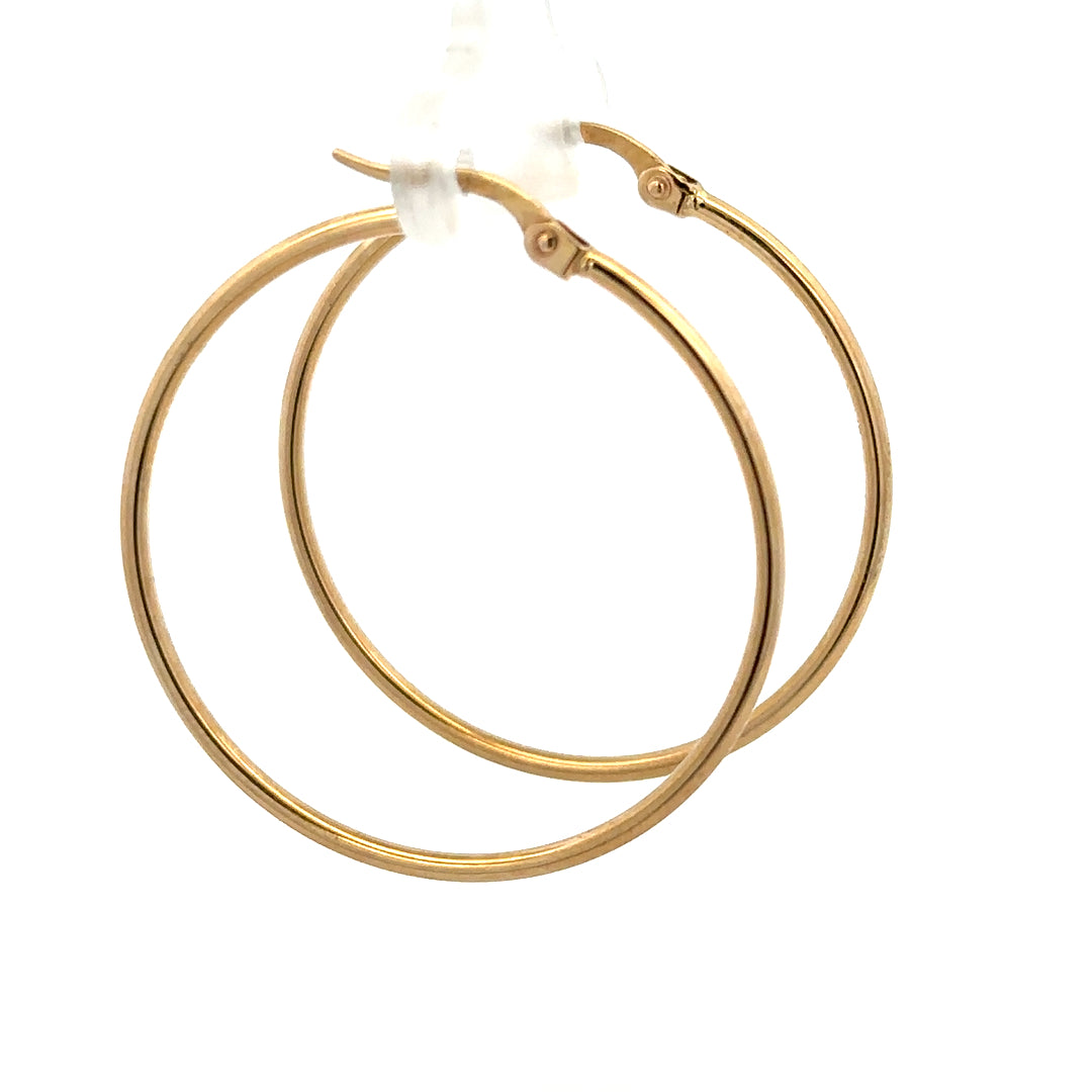 9ct yellow gold hoop earrings with a sleek circular design, lightweight at 1.1g, unbranded jewelry accessory for pierced ears.