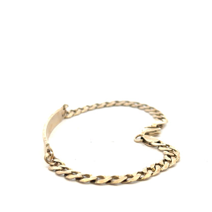 9ct yellow gold ID bracelet with a sleek design, weighing 11.6 grams, featuring a polished finish on a sturdy chain.
