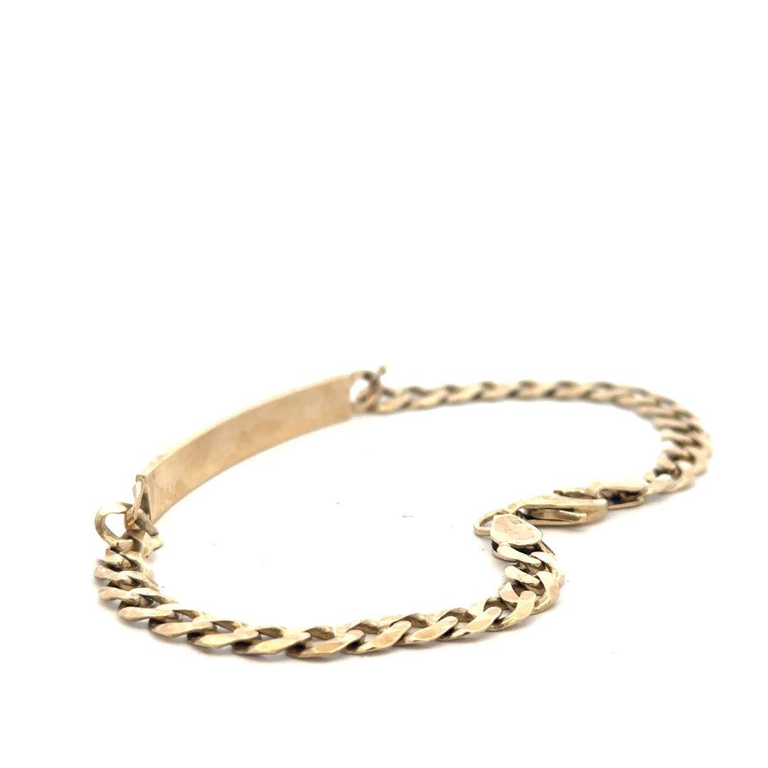 9ct yellow gold ID bracelet with a sleek design, weighing 11.6g, featuring a smooth, polished surface and a secure clasp.