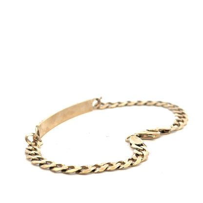 9ct yellow gold ID bracelet with a sleek design, weighing 11.6g, featuring a smooth, polished surface and a secure clasp.