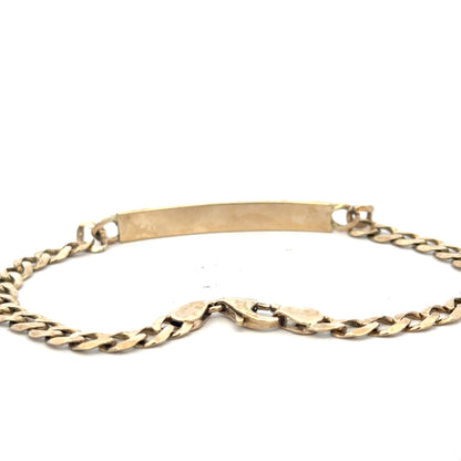 9ct yellow gold ID bracelet weighing 11.6g with a sleek design, featuring a smooth gold surface and secure clasp.