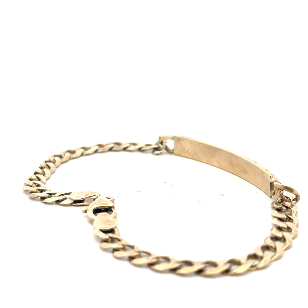 9ct yellow gold ID bracelet with a sleek design, weighing 11.6 grams, featuring a polished finish and customizable ID plate.
