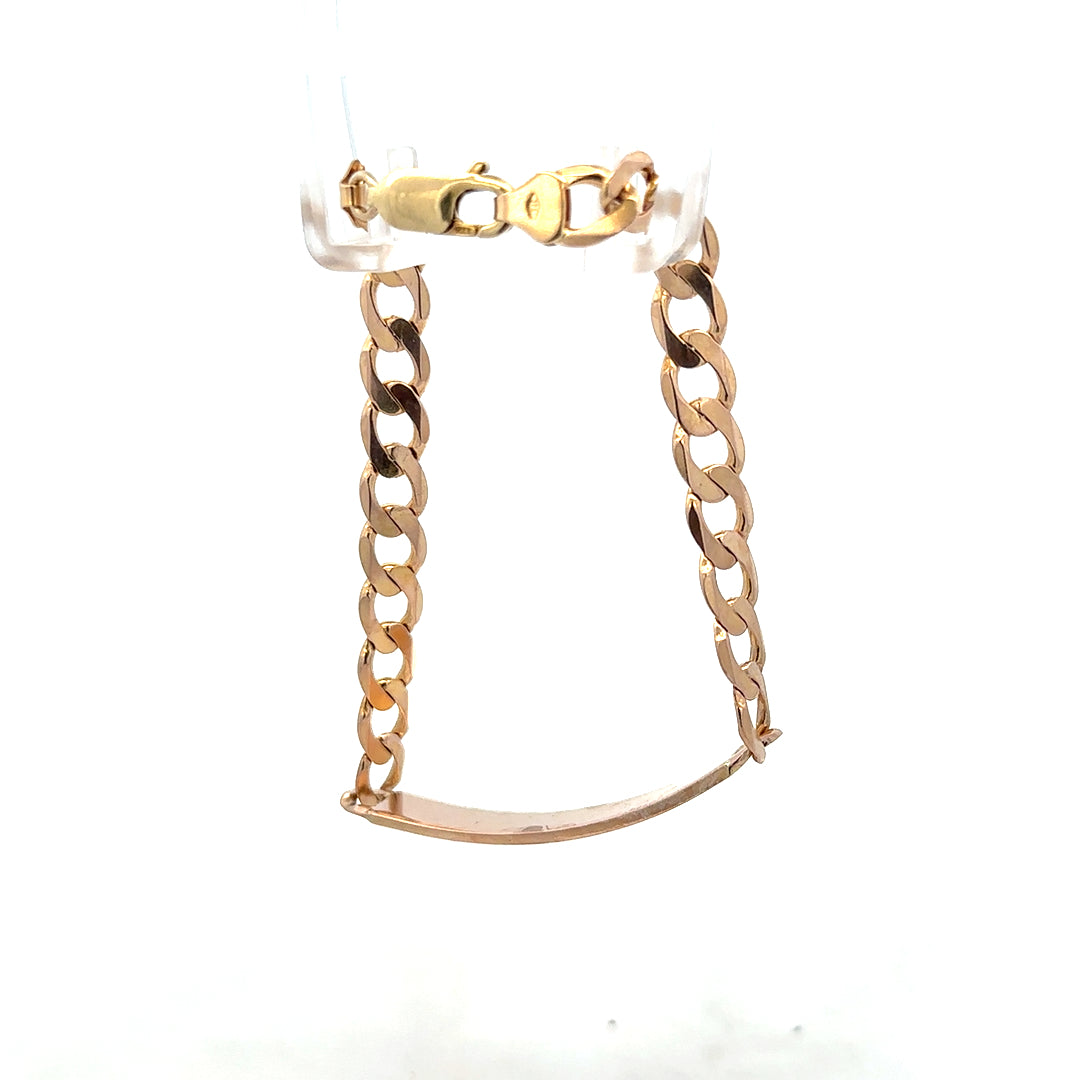 9ct yellow gold ID bracelet with a sleek design, weighing 12.2 grams, featuring a polished finish and adjustable clasp.
