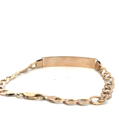 9ct yellow gold ID bracelet with a sleek design, weighing 9.7g, featuring a polished finish and a secure clasp.