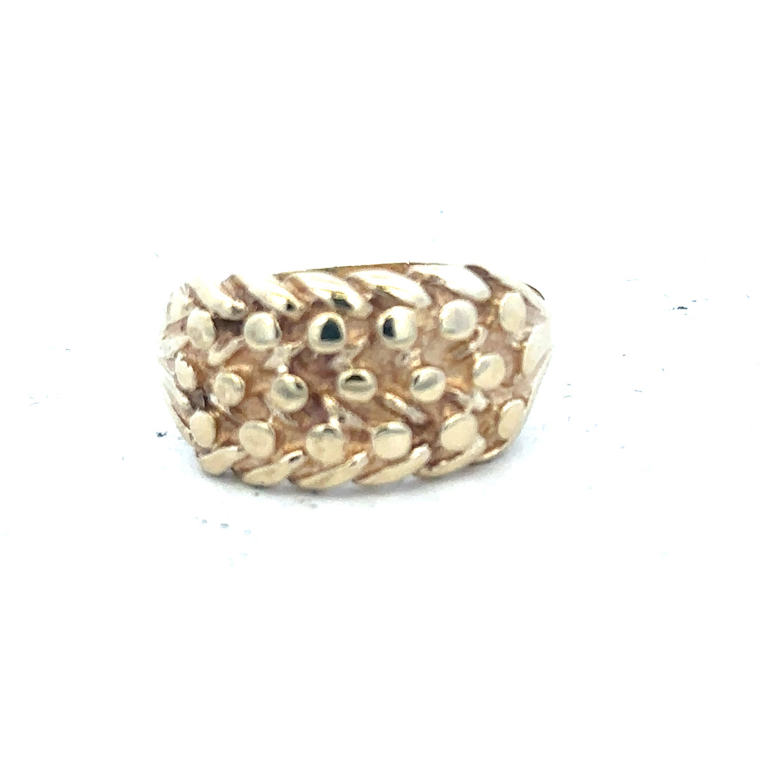 9ct yellow gold keeper ring in size P1/2, featuring a smooth band and simple design, unbranded jewelry accessory.