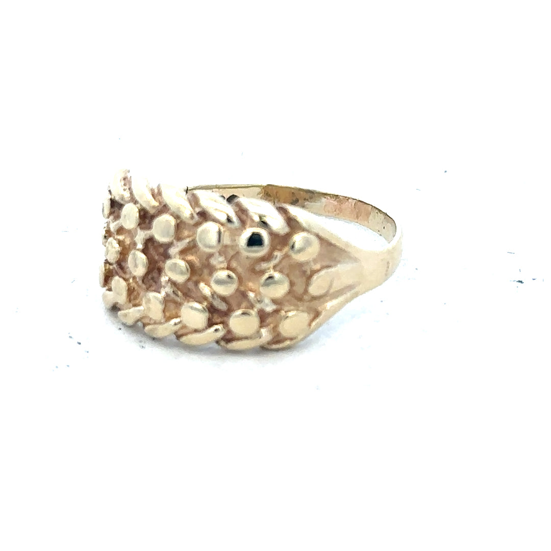 9ct yellow gold keeper ring in size P1/2, unbranded, with a smooth polished finish and secure closure, ideal for jewelry collection.