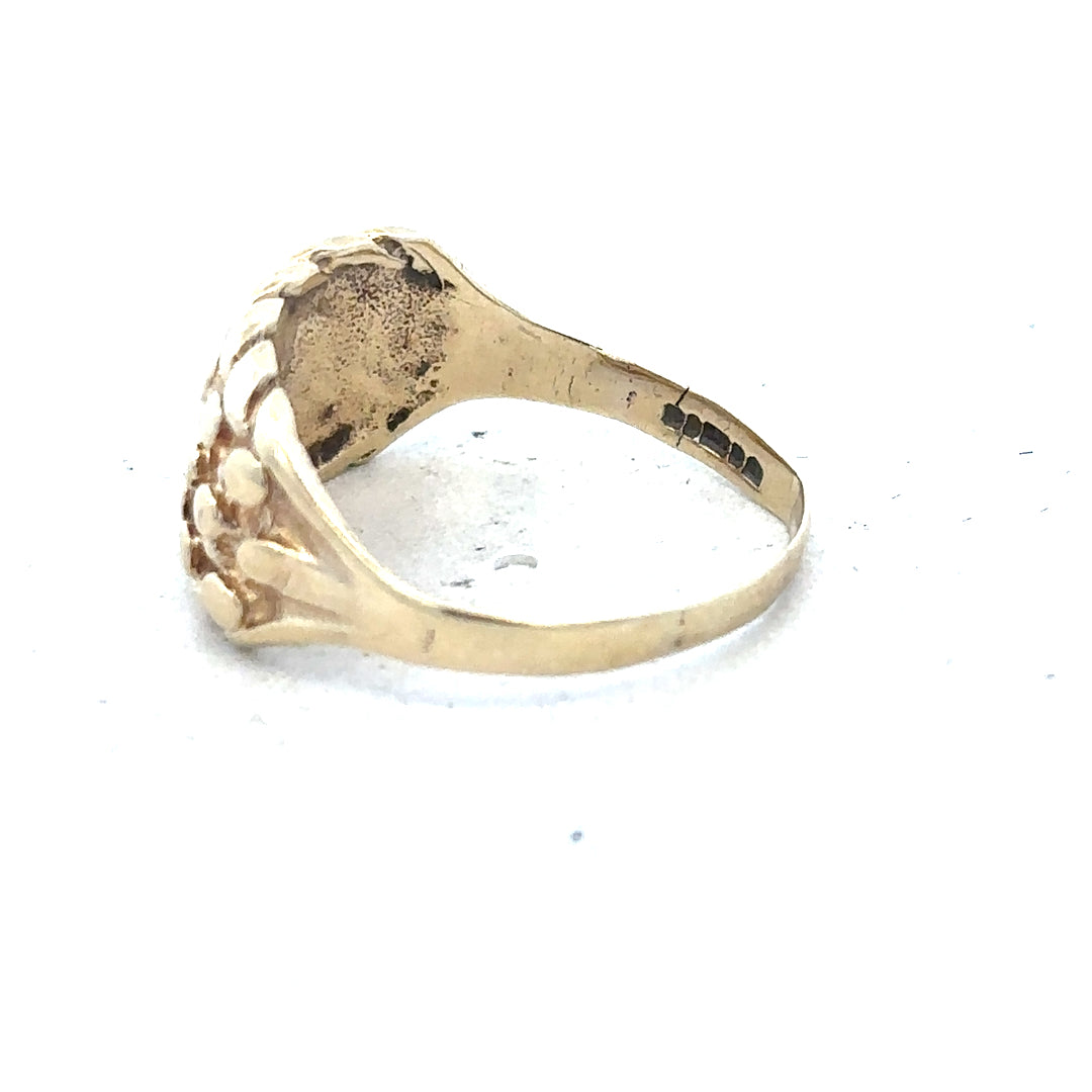 9ct yellow gold keeper ring, size P1/2, unbranded, with smooth polished finish and secure fitting design.