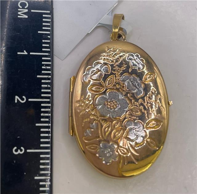 9ct yellow gold pendant locket with intricate design, unbranded, hanging on a chain, showcasing a classic jewelry piece.