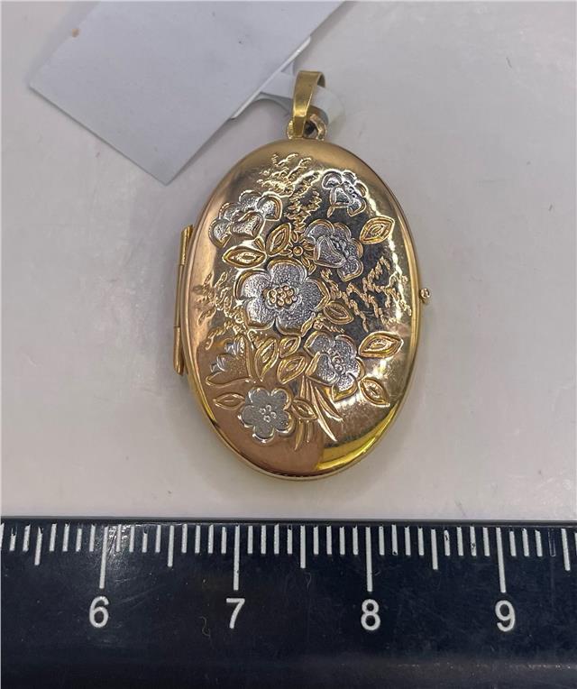 9ct yellow gold locket pendant with intricate design, unbranded jewelry piece, showcasing a polished finish and classic style.