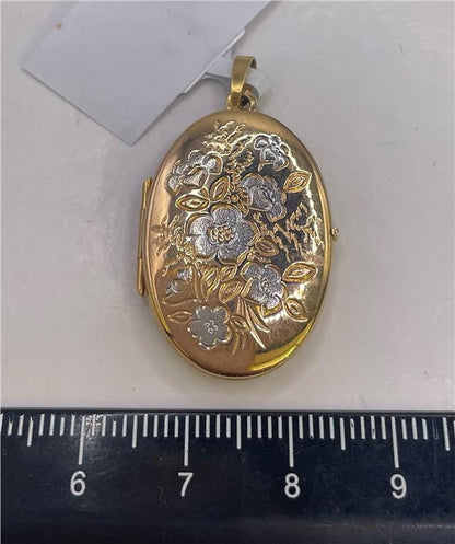 9ct yellow gold locket pendant with intricate design, unbranded jewelry piece, showcasing a polished finish and classic style.
