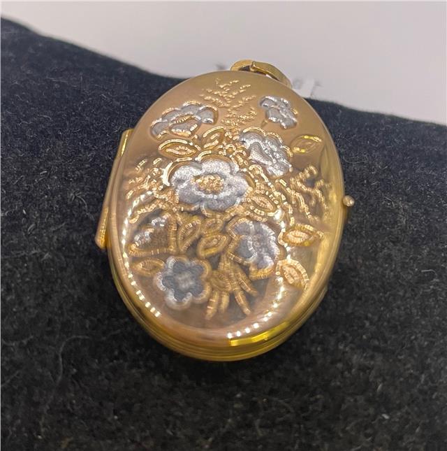 9ct yellow gold pendant locket with intricate design, unbranded, shiny finish, displayed on a plain background.