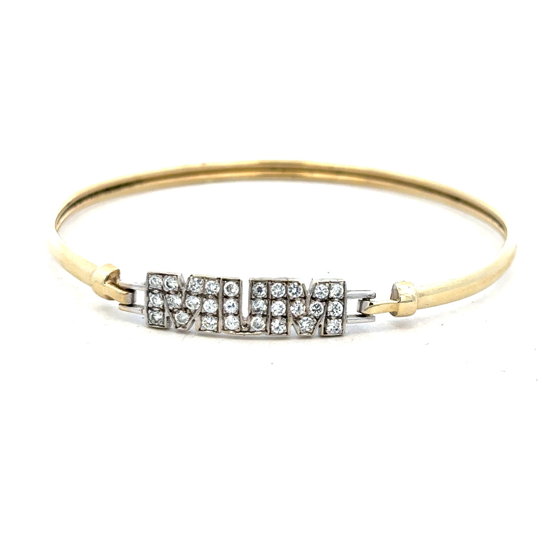 9ct yellow gold MUM bangle bracelet, unbranded, with a sleek design and 5.3g weight, shown in a close-up image.