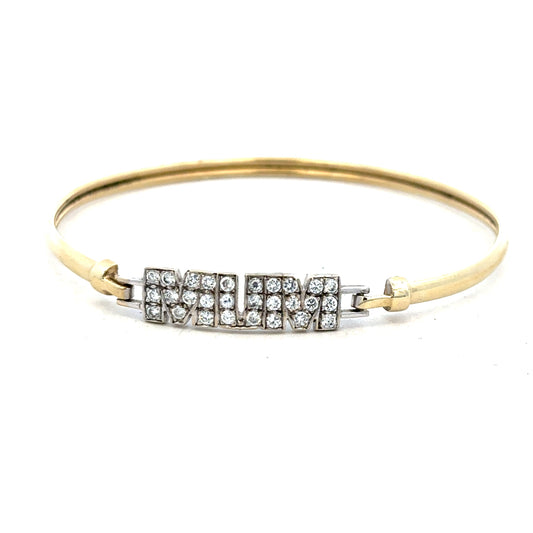 9ct yellow gold MUM bangle bracelet, unbranded, with a sleek design and 5.3g weight, shown in a close-up image.