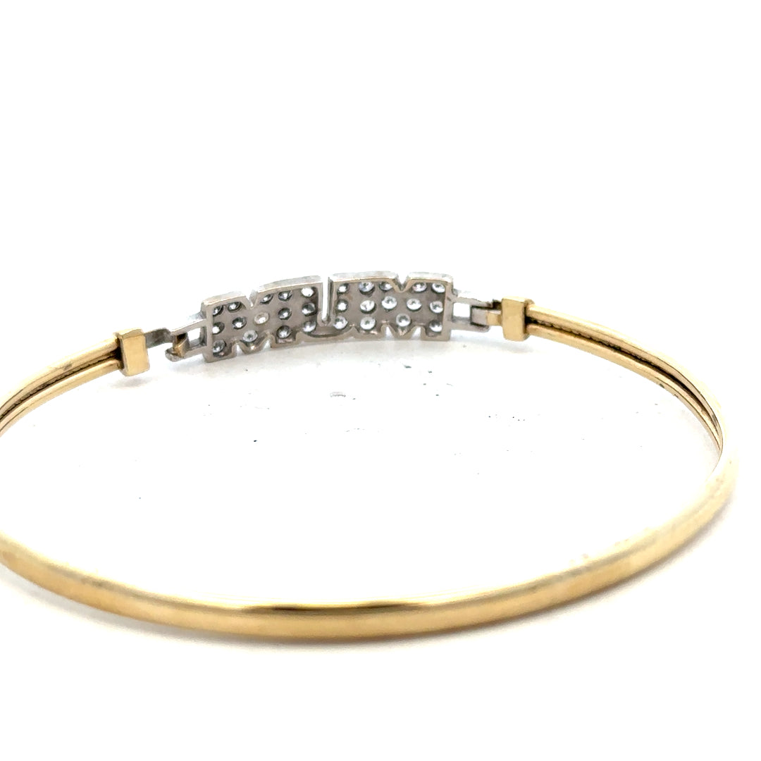 9ct yellow gold MUM bangle bracelet weighing 5.3g, unbranded, with a smooth polished finish and classic design.