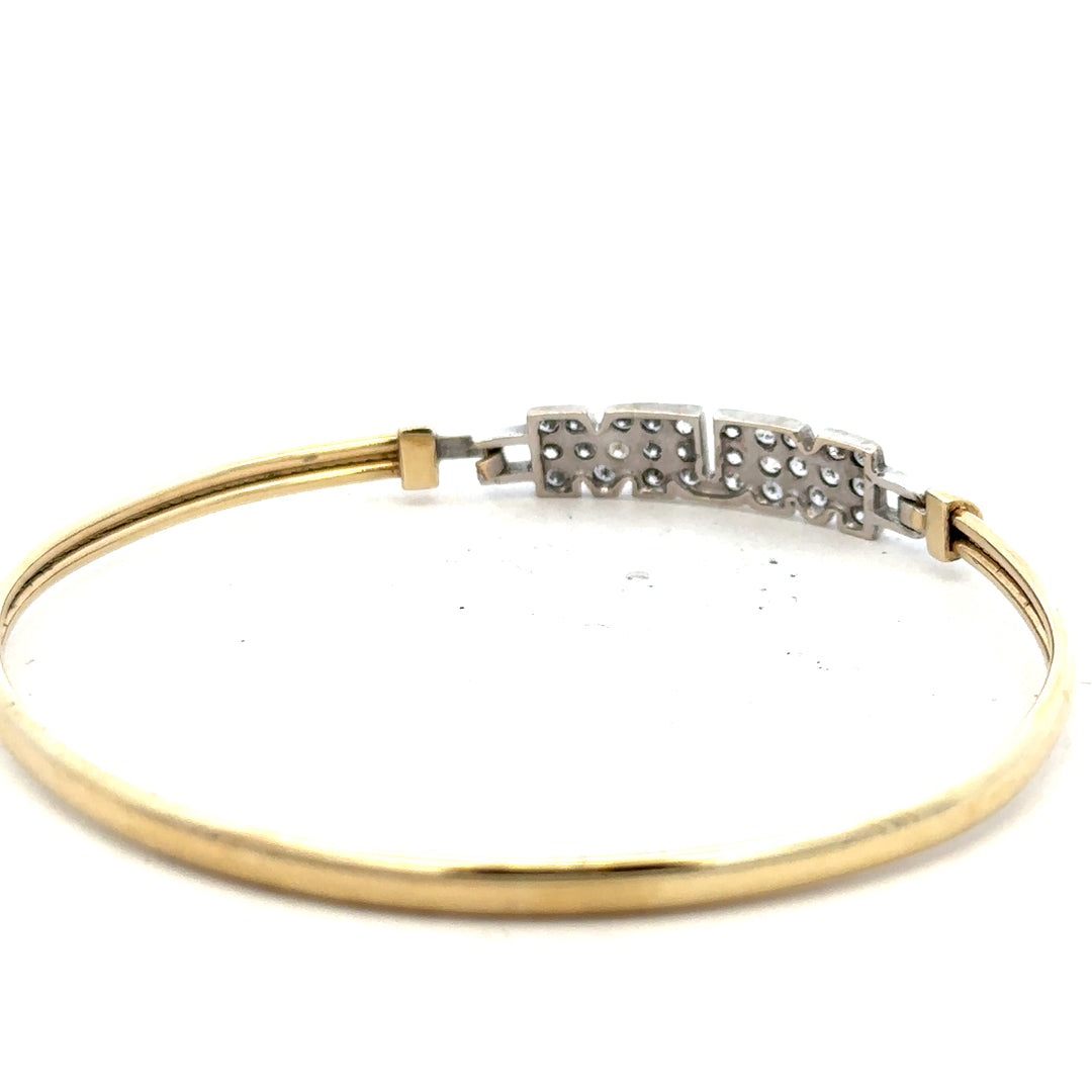 9ct yellow gold MUM bangle bracelet weighing 5.3g, unbranded, with a simple and elegant design for special occasions.