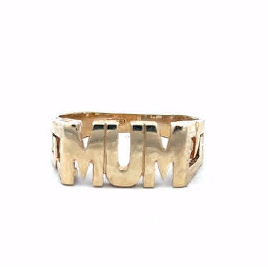 9ct yellow gold mum ring size O1/2, unbranded gold ring with engraved design, shown on a plain background.