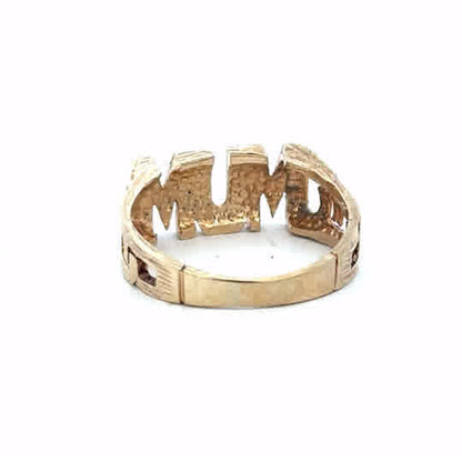 9ct yellow gold mum ring in size O1/2, unbranded, featuring a simple band design with engraved lettering visible in the image.