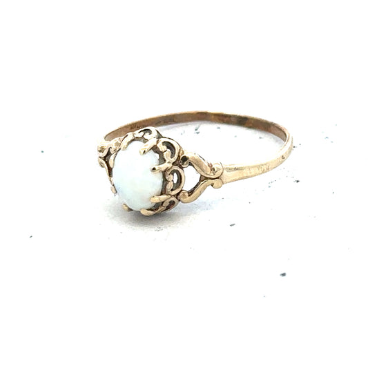 9ct yellow gold opal ring in size P, featuring a vibrant opal gemstone set in a simple gold band.