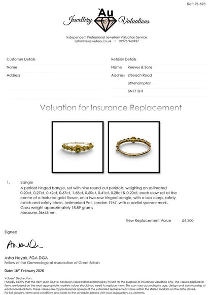 9ct yellow gold peridot bangle bracelet with vibrant green gemstones and elegant design, unbranded jewelry accessory