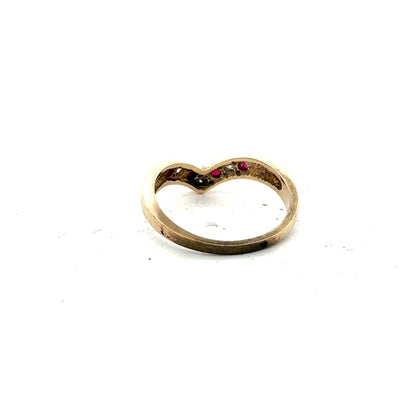 9ct yellow gold ring in size J with a simple band design, unbranded, shown from top view.