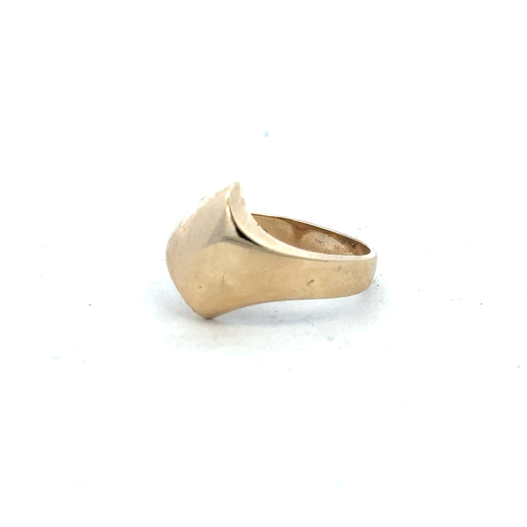 9ct yellow gold ring in size K with a smooth band, unbranded jewelry piece displayed on a plain background.