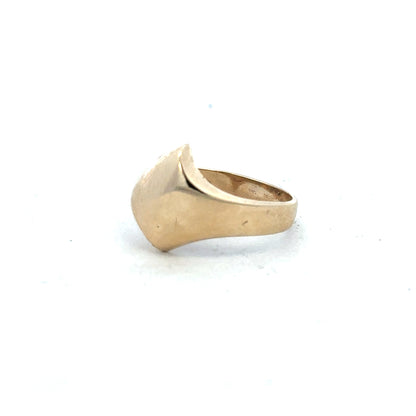 9ct yellow gold ring in size K with a smooth band, unbranded jewelry piece displayed on a plain background.