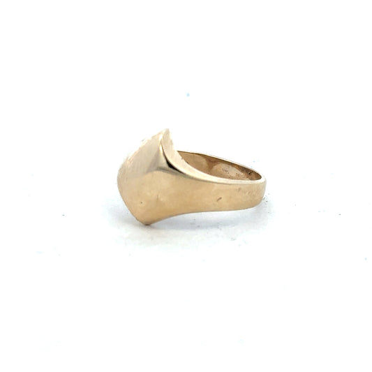 9ct yellow gold ring in size K with a smooth band, unbranded jewelry piece displayed on a plain background.