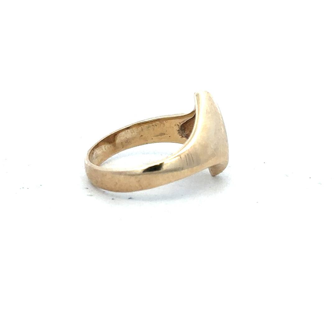 9ct yellow gold ring in size K with a smooth band, unbranded jewelry displayed on a neutral background.