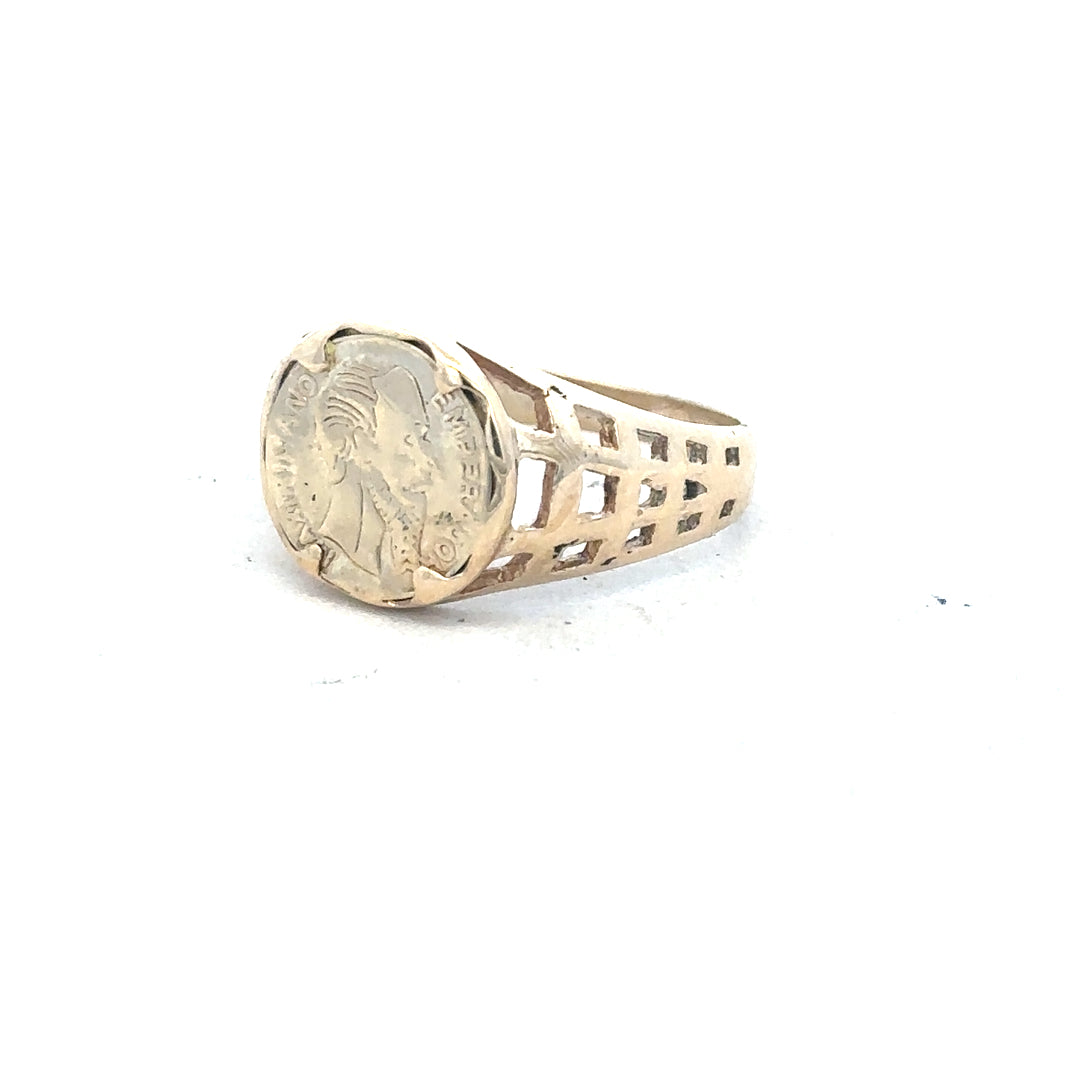 9ct yellow gold ring in size M 1/2, unbranded, showcasing a simple, elegant gold band on a plain background.