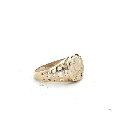 9ct yellow gold ring size M 1/2 with a smooth band, unbranded jewelry piece showcasing a classic design.