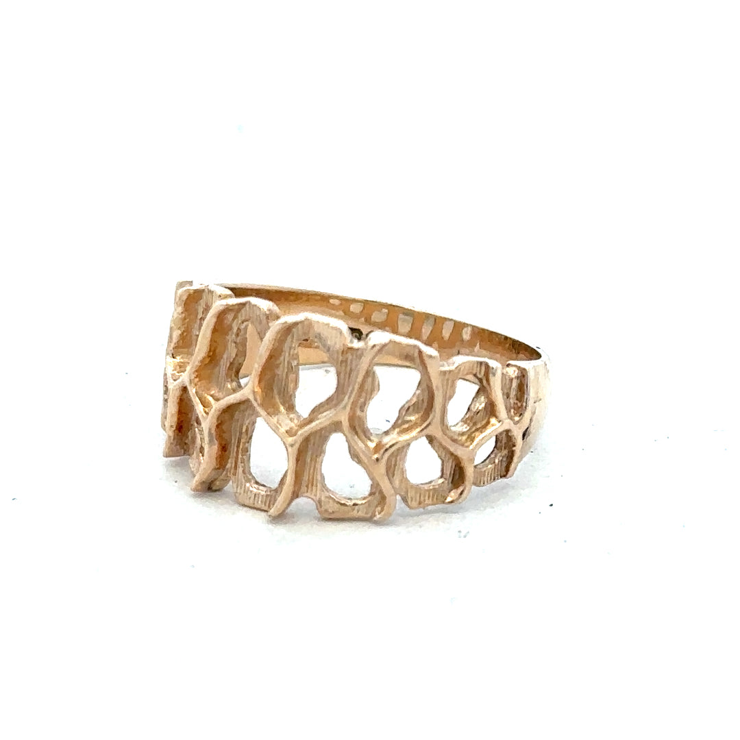 9ct yellow gold ring in size M with a smooth band, unbranded jewelry piece, shown on a plain background.