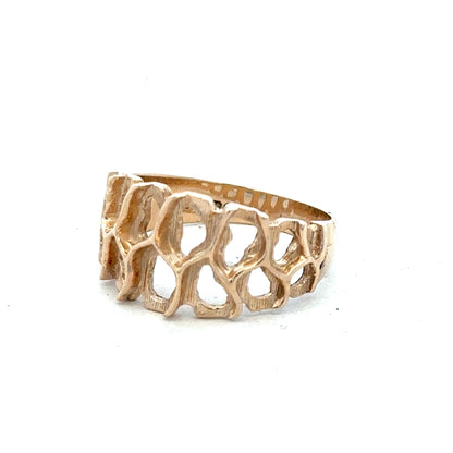 9ct yellow gold ring in size M with a smooth band, unbranded jewelry piece, shown on a plain background.