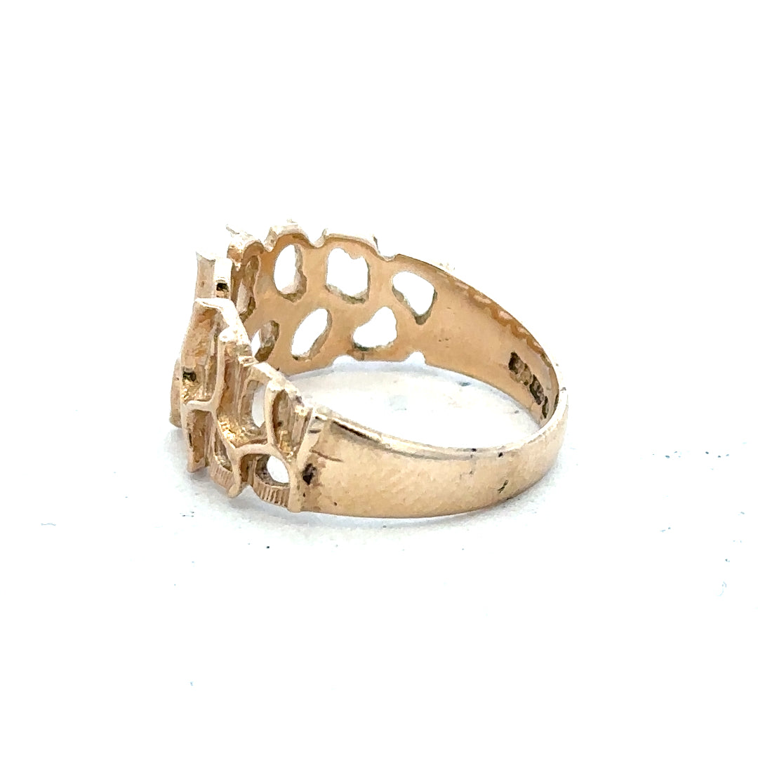 9ct yellow gold ring in size M with a smooth band, unbranded jewelry, shown against a plain background.