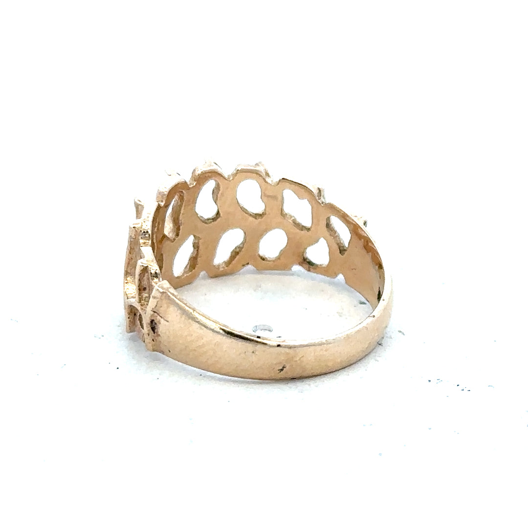9ct yellow gold ring in size M, unbranded jewelry with a smooth band, showcased in a close-up image.