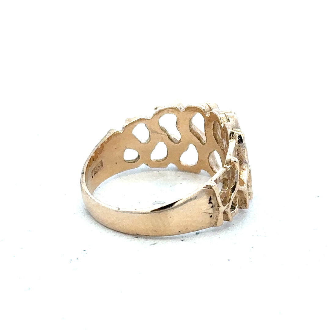9ct yellow gold ring size M with a smooth polished band, unbranded jewelry design, on a plain background.