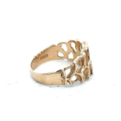 9ct yellow gold ring in size M with a simple, polished band, unbranded jewelry, showcasing classic gold craftsmanship.