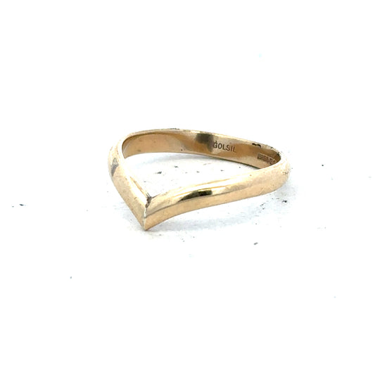 9ct yellow gold ring in size M with a smooth band, unbranded jewelry piece displayed on a plain background.