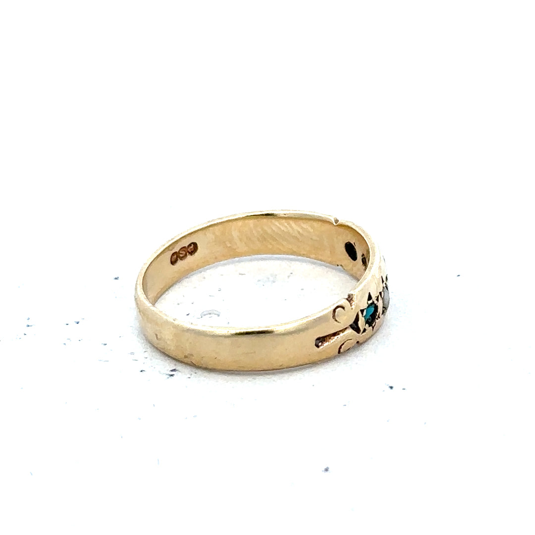 9ct yellow gold ring size M with a smooth band, unbranded jewelry piece showcasing classic gold craftsmanship.